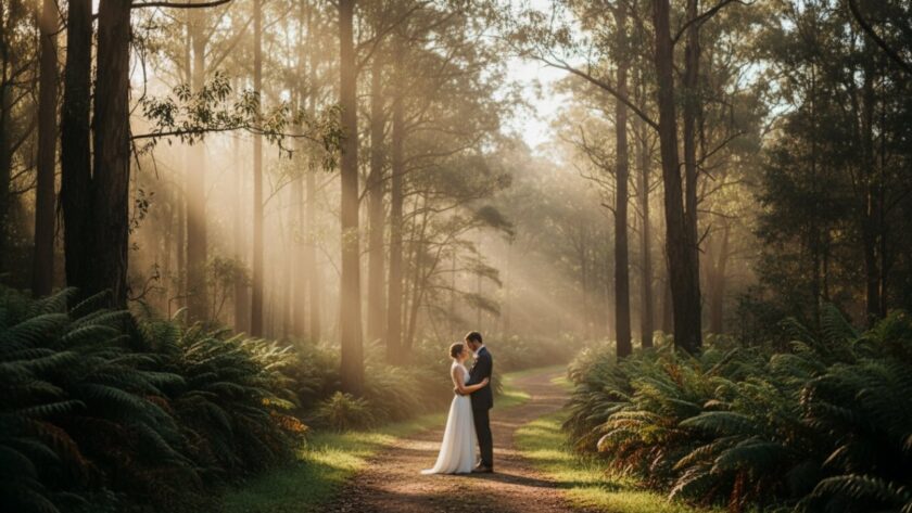 An intimate moment captured through Ferny Creek intimate elopement photography, featuring a couple embracing amidst the misty Dandenong Ranges forest, golden hour light filtering through the trees, evoking romance and serenity.