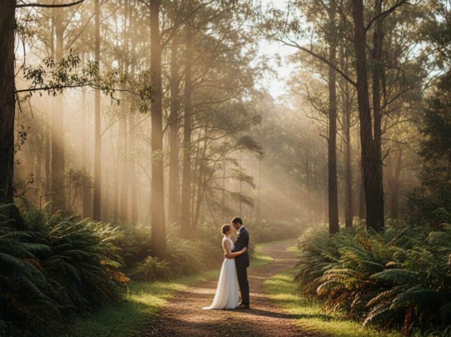 An intimate moment captured through Ferny Creek intimate elopement photography, featuring a couple embracing amidst the misty Dandenong Ranges forest, golden hour light filtering through the trees, evoking romance and serenity.