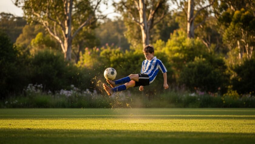 An epic moment in Ferny Creek junior sports photography dynamic action, capturing a young football player mid-air, kicking a ball with determination on a sunny Ferny Creek oval, surrounded by lush green Dandenong Ranges foliage.