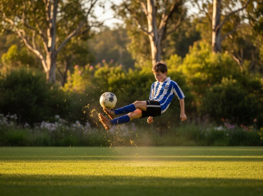 An epic moment in Ferny Creek junior sports photography dynamic action, capturing a young football player mid-air, kicking a ball with determination on a sunny Ferny Creek oval, surrounded by lush green Dandenong Ranges foliage.
