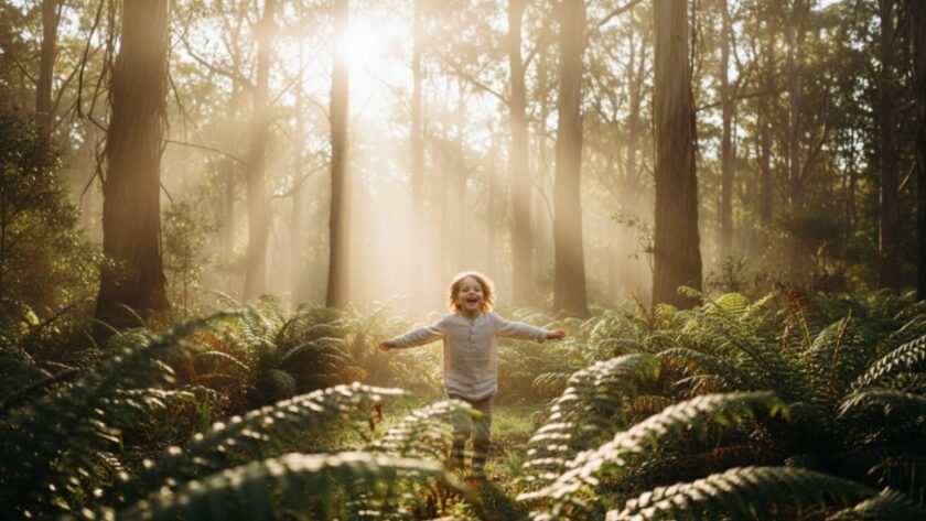 An enchanting outdoor portrait showcasing Ferny Creek kids photography magical forest portraits, featuring a child laughing joyfully amidst sun-dappled ferns, creating an epic moment of pure childhood wonder.