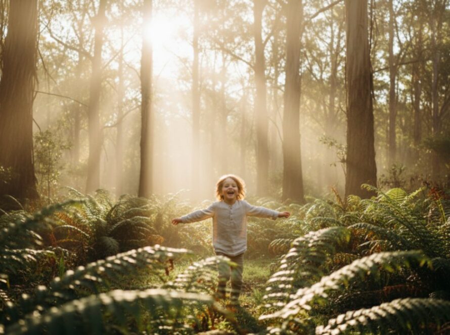 An enchanting outdoor portrait showcasing Ferny Creek kids photography magical forest portraits, featuring a child laughing joyfully amidst sun-dappled ferns, creating an epic moment of pure childhood wonder.