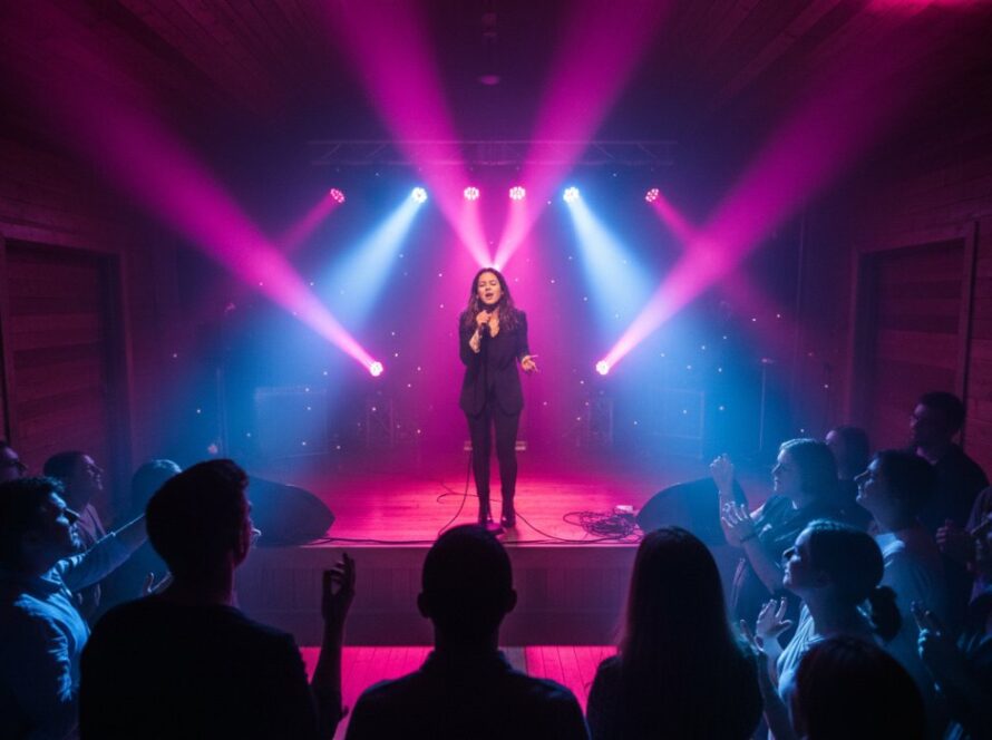 A wide-angle, dynamic shot capturing the raw energy of a live band performing at a dimly lit, intimate venue in Ferny Creek, Victoria, showcasing a guitarist mid-solo with dramatic lighting, perfect for Ferny Creek live band photography capturing raw energy.