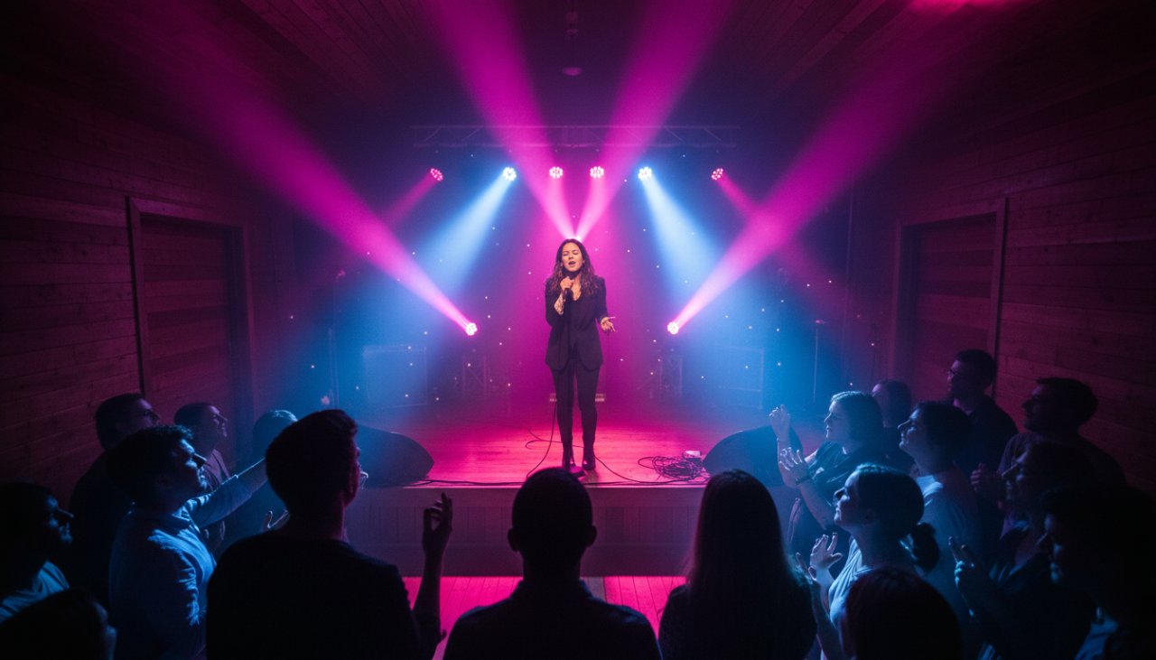 A wide-angle, dynamic shot capturing the raw energy of a live band performing at a dimly lit, intimate venue in Ferny Creek, Victoria, showcasing a guitarist mid-solo with dramatic lighting, perfect for Ferny Creek live band photography capturing raw energy.