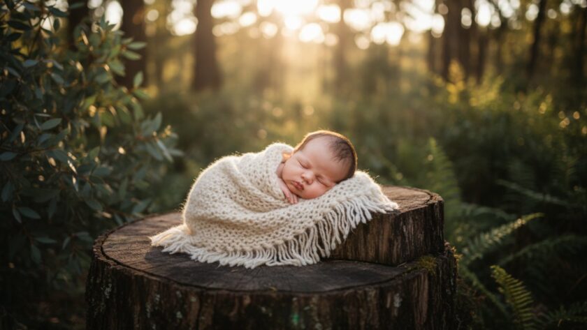 An ethereal image of a sleeping newborn baby swaddled in soft, natural fibres, bathed in gentle morning light filtering through tall eucalyptus trees in Ferny Creek, Victoria, perfectly embodying Ferny Creek newborn photography art.