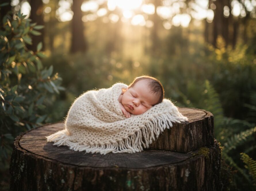 An ethereal image of a sleeping newborn baby swaddled in soft, natural fibres, bathed in gentle morning light filtering through tall eucalyptus trees in Ferny Creek, Victoria, perfectly embodying Ferny Creek newborn photography art.