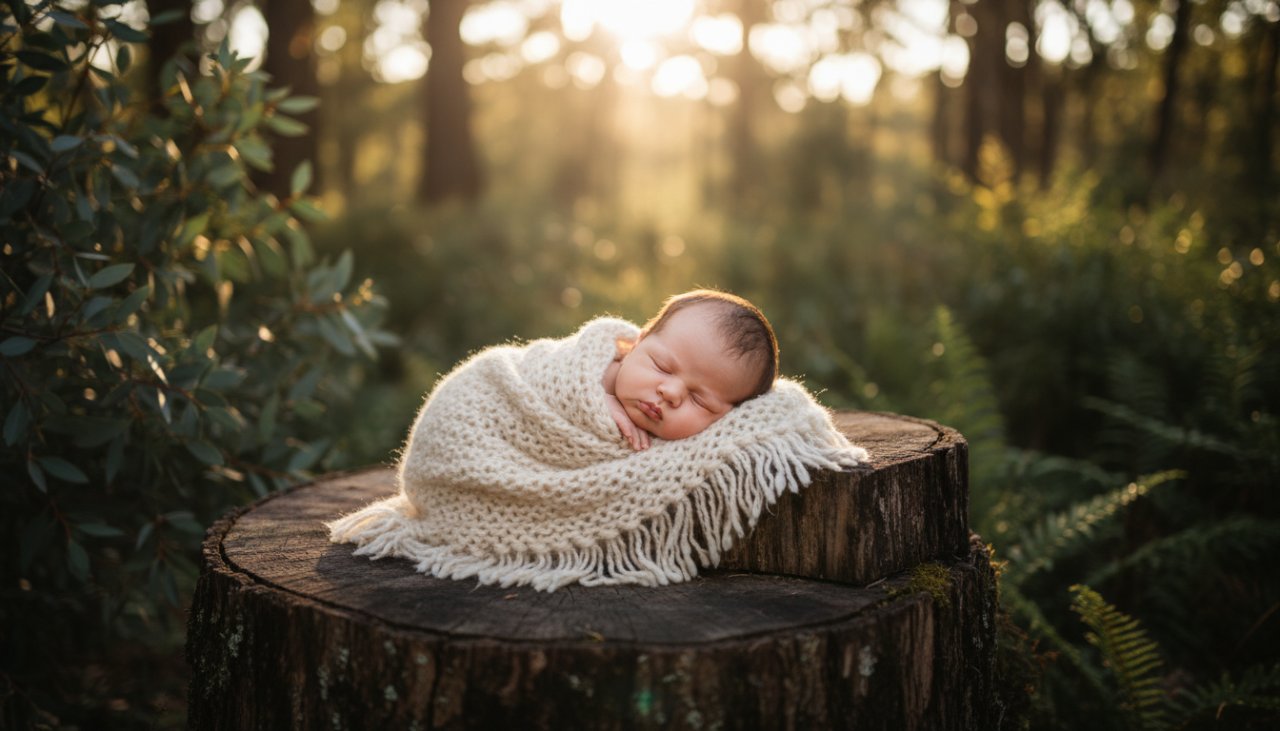 An ethereal image of a sleeping newborn baby swaddled in soft, natural fibres, bathed in gentle morning light filtering through tall eucalyptus trees in Ferny Creek, Victoria, perfectly embodying Ferny Creek newborn photography art.