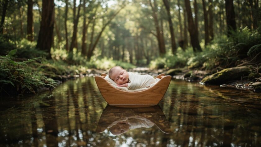 A serene, artistic close-up photograph of a sleeping newborn baby swaddled in soft, natural fibres, surrounded by soft, diffused natural light filtering through eucalyptus trees in Ferny Creek, capturing delicate moments.