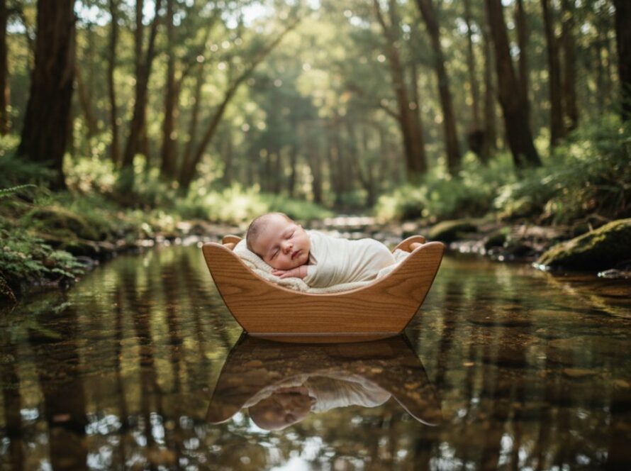 A serene, artistic close-up photograph of a sleeping newborn baby swaddled in soft, natural fibres, surrounded by soft, diffused natural light filtering through eucalyptus trees in Ferny Creek, capturing delicate moments.