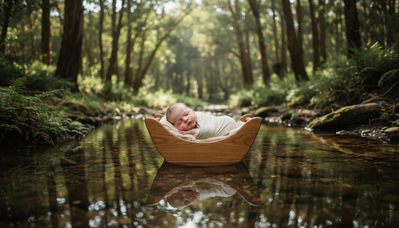A serene, artistic close-up photograph of a sleeping newborn baby swaddled in soft, natural fibres, surrounded by soft, diffused natural light filtering through eucalyptus trees in Ferny Creek, capturing delicate moments.