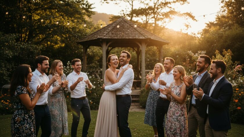 An ecstatic group of friends laughing and embracing under festoon lights at a vibrant Ferny Creek garden party, perfectly demonstrating Ferny Creek party photography capturing authentic joy with natural, warm colours and dynamic composition.