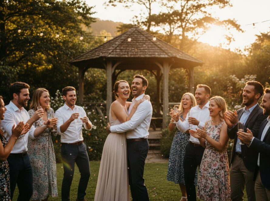 An ecstatic group of friends laughing and embracing under festoon lights at a vibrant Ferny Creek garden party, perfectly demonstrating Ferny Creek party photography capturing authentic joy with natural, warm colours and dynamic composition.