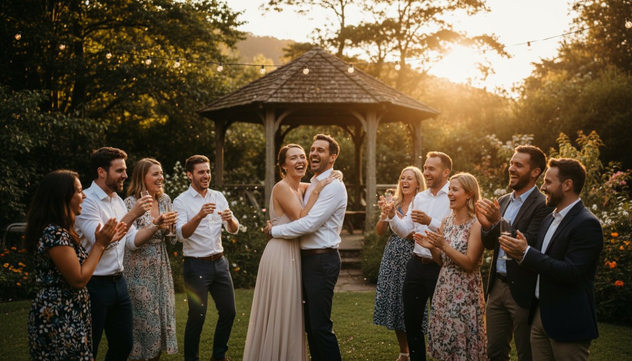 An ecstatic group of friends laughing and embracing under festoon lights at a vibrant Ferny Creek garden party, perfectly demonstrating Ferny Creek party photography capturing authentic joy with natural, warm colours and dynamic composition.