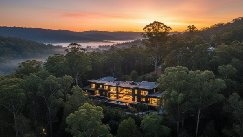 Stunning aerial view captured by Ferny Creek Property Photography Experts showcasing a luxurious modern home nestled amongst lush Dandenong Ranges greenery at twilight, with warm interior lights glowing and a vibrant sunset horizon.