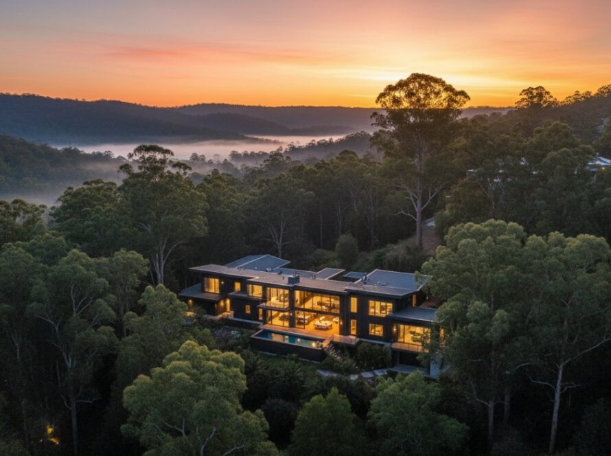 Stunning aerial view captured by Ferny Creek Property Photography Experts showcasing a luxurious modern home nestled amongst lush Dandenong Ranges greenery at twilight, with warm interior lights glowing and a vibrant sunset horizon.