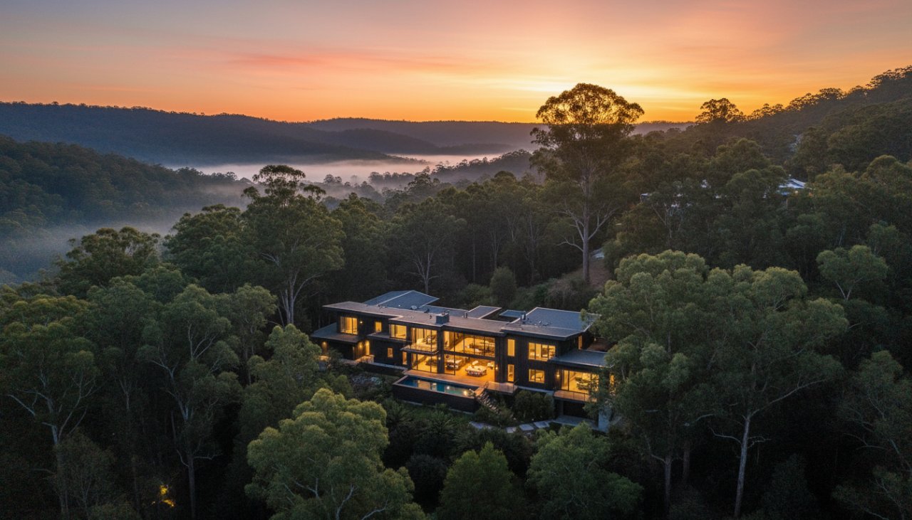 Stunning aerial view captured by Ferny Creek Property Photography Experts showcasing a luxurious modern home nestled amongst lush Dandenong Ranges greenery at twilight, with warm interior lights glowing and a vibrant sunset horizon.