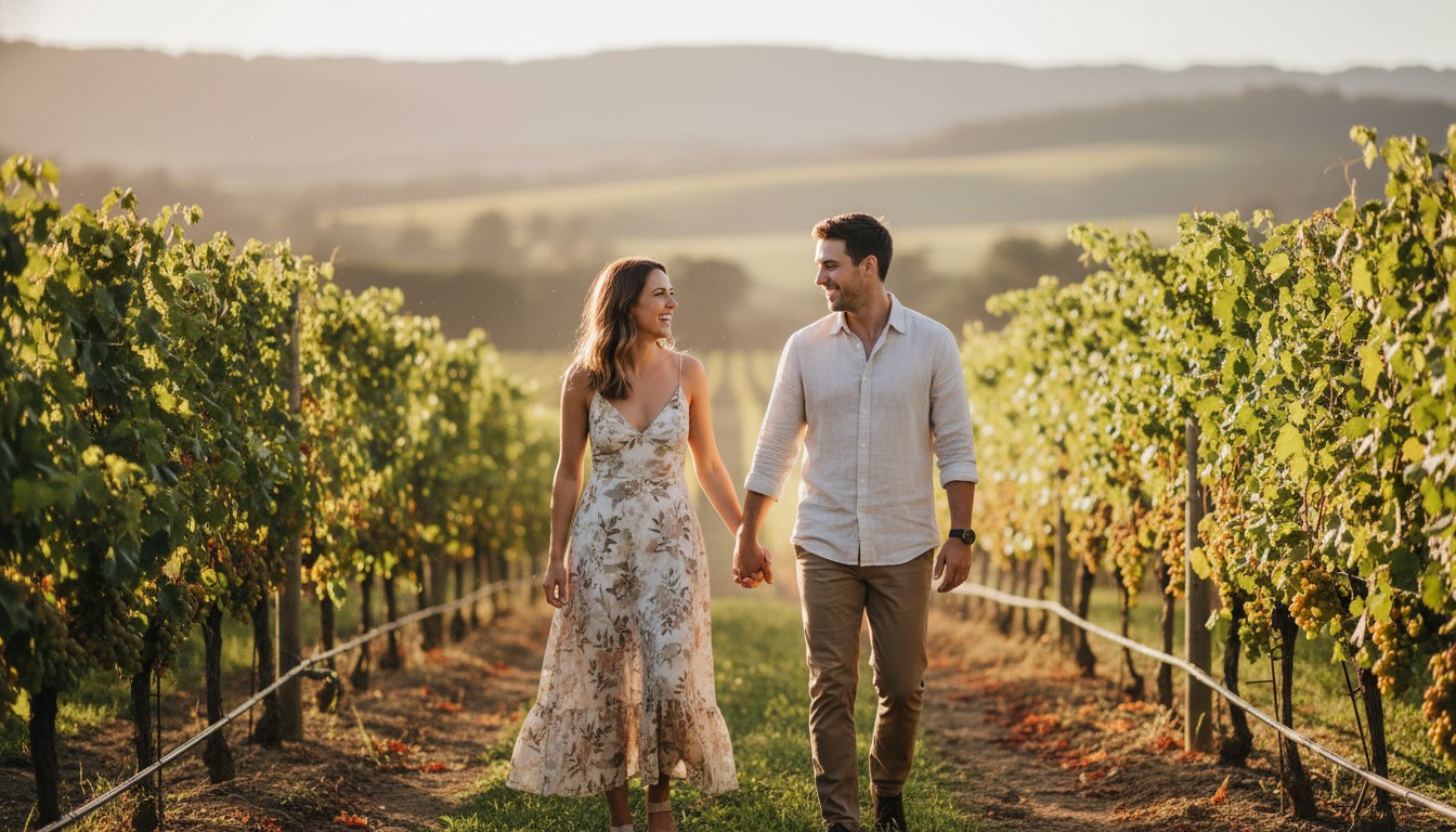 A candid, joyful fine art portrait of a pre-wedding couple strolling hand-in-hand through a scenic Yarra Valley vineyard at golden hour, the rolling hills and rows of grapevines creating a picturesque, natural backdrop. Soft, warm lighting bathes the scene, evoking romance and tranquility. No text.