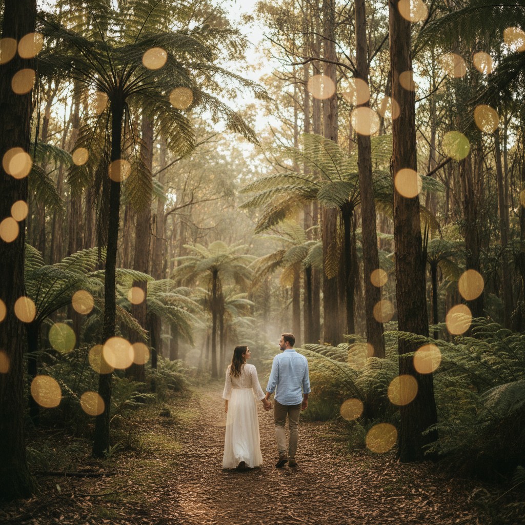 A couple walking hand-in-hand through a sun-dappled forest path in the Dandenong Ranges, towering ferns and eucalyptus trees creating a natural, ethereal canopy above them. The sunlight filters through the leaves, creating beautiful bokeh and a romantic, intimate atmosphere. Their backs are slightly turned, focusing on the natural beauty around them, evoking a sense of peaceful connection and timeless love. Realistic, high-quality photograph.
