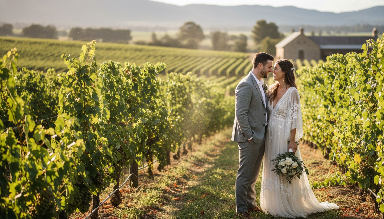 A romantic and high-end professional wedding photo of a stylish couple sharing a candid laugh and intimate moment in a sun-drenched Yarra Valley vineyard, surrounded by lush grapevines, with soft, natural light.