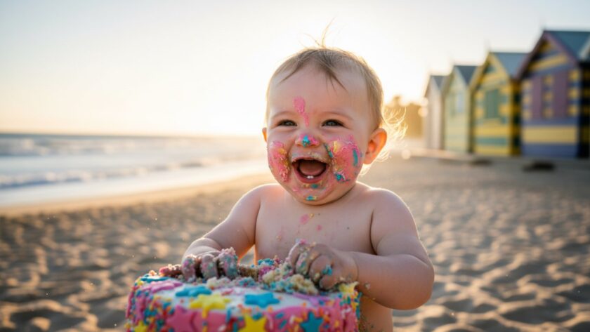 An adorable one-year-old child joyfully smashing a colourful cake outdoors on a sunny Mornington beach, embodying the spirit of a fun first birthday cake smash Mornington photographer session, with splashes of icing and pure delight on their face.