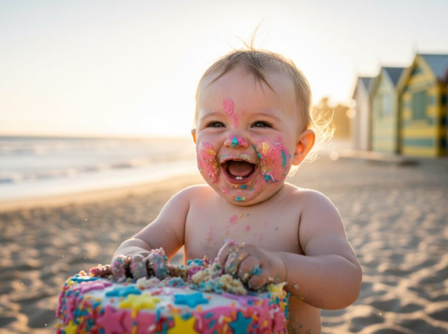 An adorable one-year-old child joyfully smashing a colourful cake outdoors on a sunny Mornington beach, embodying the spirit of a fun first birthday cake smash Mornington photographer session, with splashes of icing and pure delight on their face.