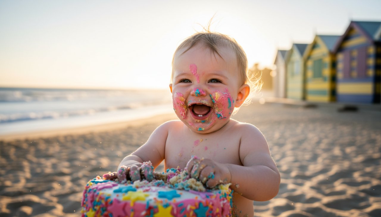 An adorable one-year-old child joyfully smashing a colourful cake outdoors on a sunny Mornington beach, embodying the spirit of a fun first birthday cake smash Mornington photographer session, with splashes of icing and pure delight on their face.