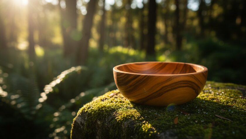 A close-up, dramatic shot showcasing a handcrafted ceramic bowl, part of Gembrook artisan product photography for local makers, with soft natural light highlighting its texture and intricate details against a rustic Gembrook background.