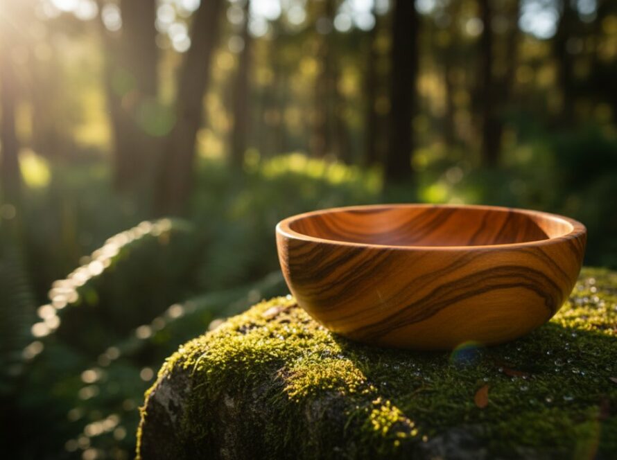 A close-up, dramatic shot showcasing a handcrafted ceramic bowl, part of Gembrook artisan product photography for local makers, with soft natural light highlighting its texture and intricate details against a rustic Gembrook background.