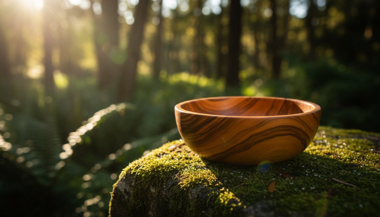 A close-up, dramatic shot showcasing a handcrafted ceramic bowl, part of Gembrook artisan product photography for local makers, with soft natural light highlighting its texture and intricate details against a rustic Gembrook background.