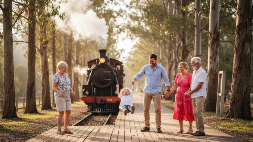 A heartwarming Gembrook candid photography capturing authentic moments of a family laughing joyfully amidst the stunning natural backdrop of Gembrook's puffing billy steam train, early morning light, showcasing genuine emotion.