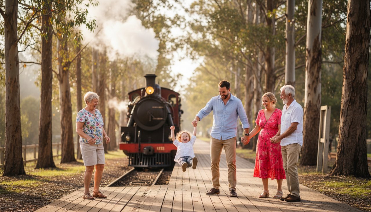A heartwarming Gembrook candid photography capturing authentic moments of a family laughing joyfully amidst the stunning natural backdrop of Gembrook's puffing billy steam train, early morning light, showcasing genuine emotion.