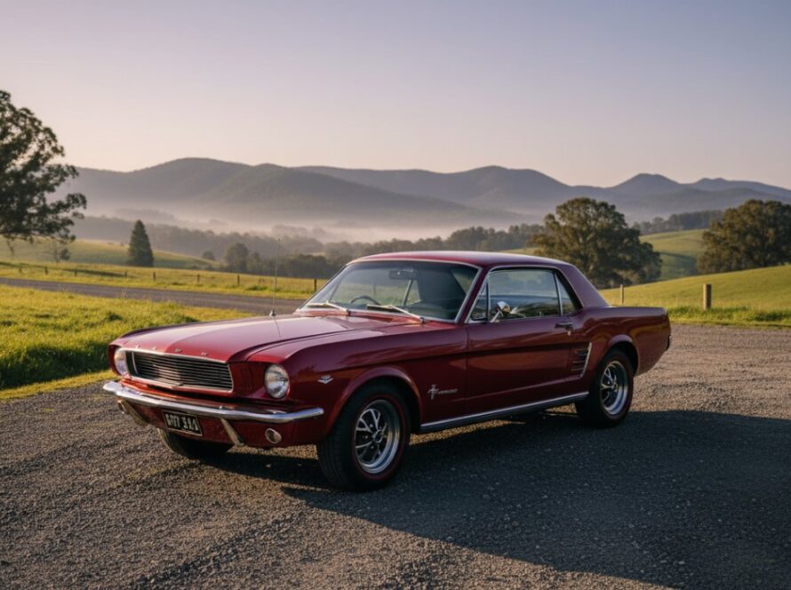 An epic moment captured in Gembrook classic car photography rural charm, featuring a gleaming vintage muscle car parked amidst rolling green hills at sunset, radiating power and timeless beauty.