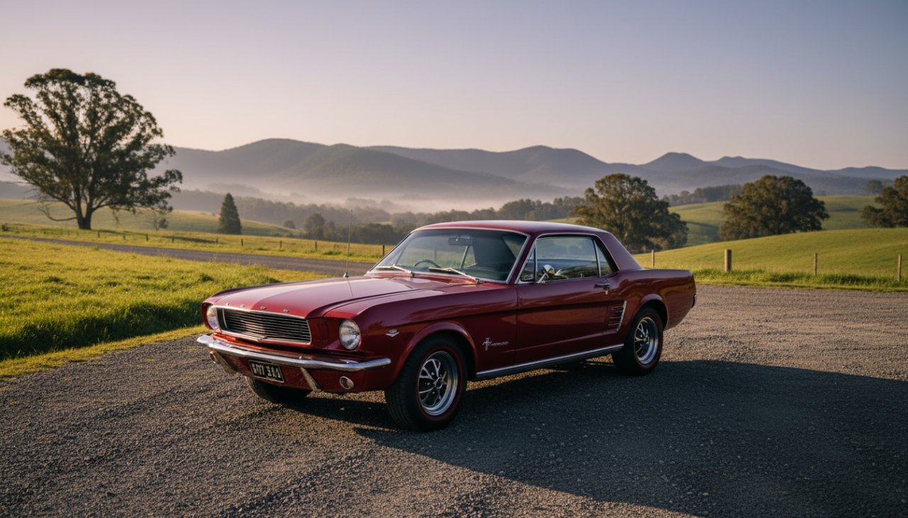 An epic moment captured in Gembrook classic car photography rural charm, featuring a gleaming vintage muscle car parked amidst rolling green hills at sunset, radiating power and timeless beauty.