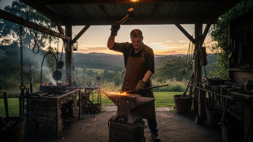 An epic moment captured in Gembrook commercial photography for local business growth, featuring a skilled blacksmith forging metal in their rustic outdoor workshop, sparks flying, with the Dandenong Ranges visible under a twilight sky.