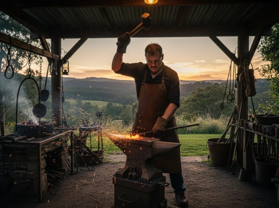 An epic moment captured in Gembrook commercial photography for local business growth, featuring a skilled blacksmith forging metal in their rustic outdoor workshop, sparks flying, with the Dandenong Ranges visible under a twilight sky.