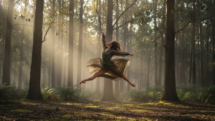 An inspiring Gembrook dance photography capturing emotive movement, featuring a female dancer mid-air in a powerful leap against a soft, sunlit Gembrook landscape backdrop, showcasing grace and strength.