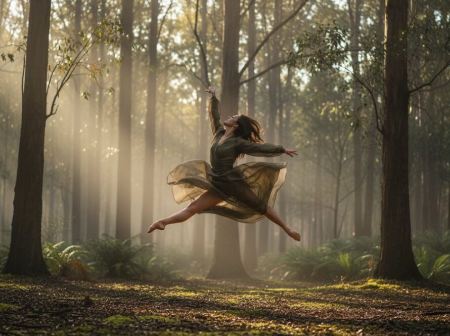 An inspiring Gembrook dance photography capturing emotive movement, featuring a female dancer mid-air in a powerful leap against a soft, sunlit Gembrook landscape backdrop, showcasing grace and strength.