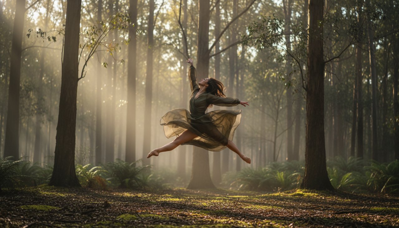 An inspiring Gembrook dance photography capturing emotive movement, featuring a female dancer mid-air in a powerful leap against a soft, sunlit Gembrook landscape backdrop, showcasing grace and strength.