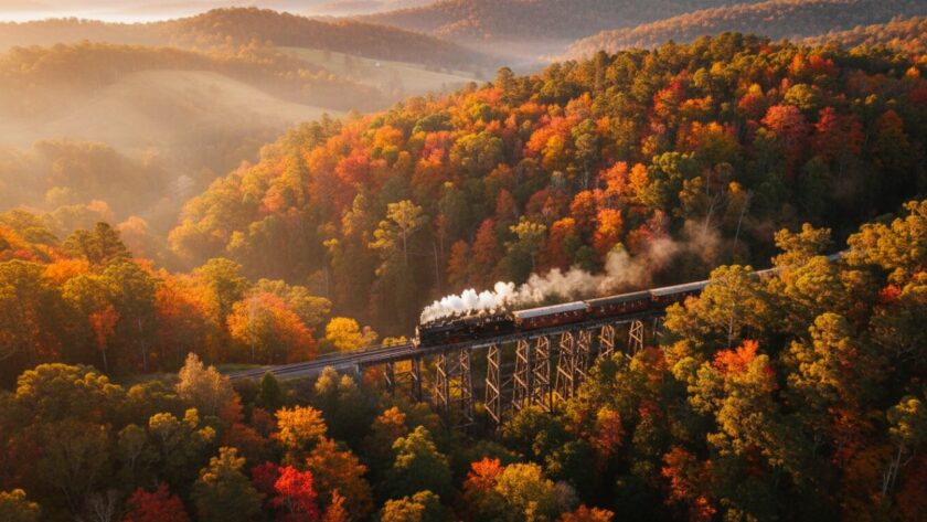 Stunning Gembrook drone photography breathtaking aerial views capturing the majestic Puffing Billy steam train winding through lush Dandenong Ranges at golden hour, highlighting the vibrant autumn foliage and serene landscape.