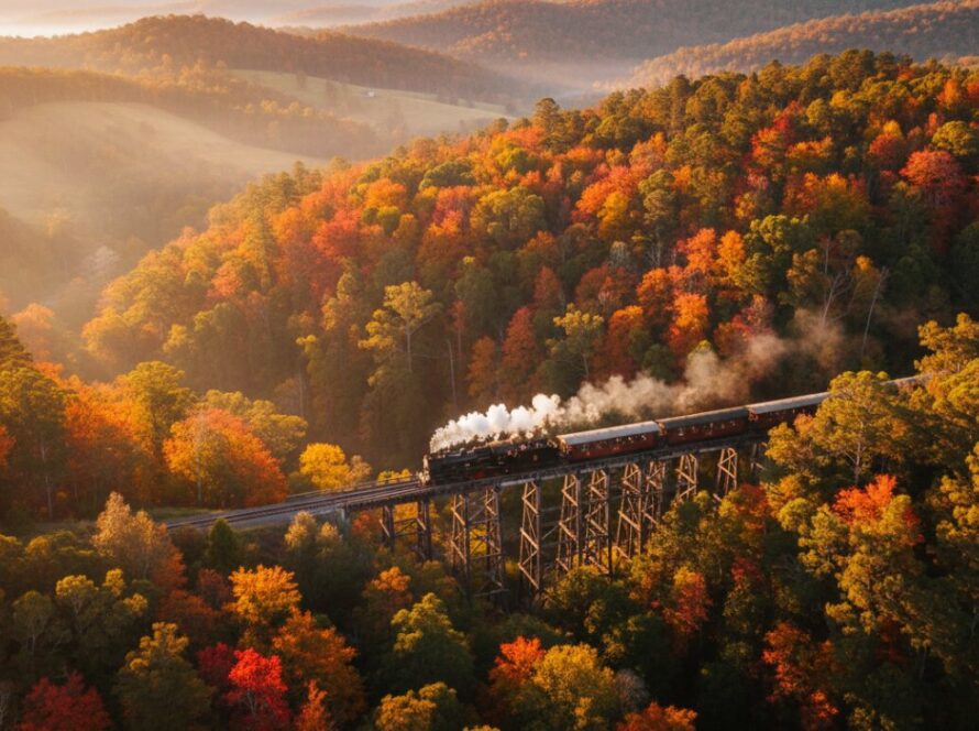 Stunning Gembrook drone photography breathtaking aerial views capturing the majestic Puffing Billy steam train winding through lush Dandenong Ranges at golden hour, highlighting the vibrant autumn foliage and serene landscape.