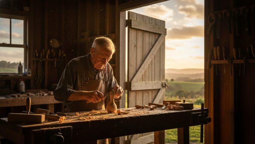 A captivating Gembrook editorial photography image capturing authentic rural stories, featuring a local artisan intently working on their craft amidst the serene, rolling hills of Gembrook at sunset, bathed in golden hour light.