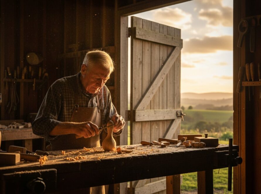 A captivating Gembrook editorial photography image capturing authentic rural stories, featuring a local artisan intently working on their craft amidst the serene, rolling hills of Gembrook at sunset, bathed in golden hour light.