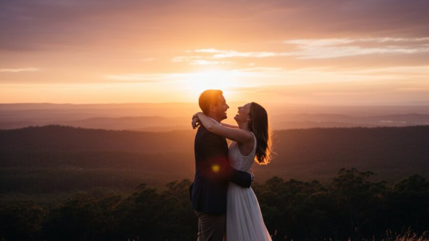 A couple embracing joyfully with a stunning Gembrook engagement photography amidst stunning Dandenong Ranges backdrop at sunset, capturing an epic, romantic moment.