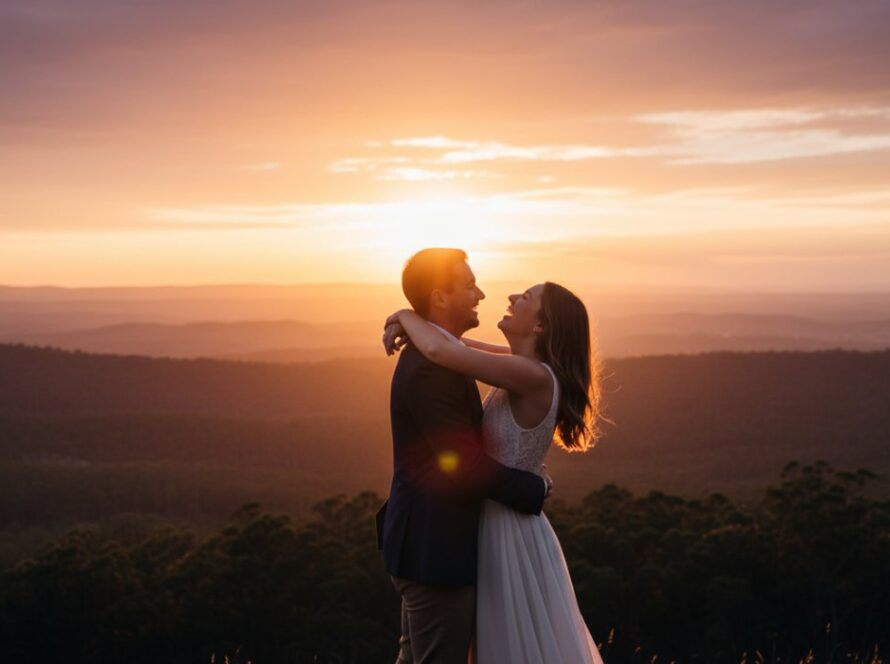 A couple embracing joyfully with a stunning Gembrook engagement photography amidst stunning Dandenong Ranges backdrop at sunset, capturing an epic, romantic moment.