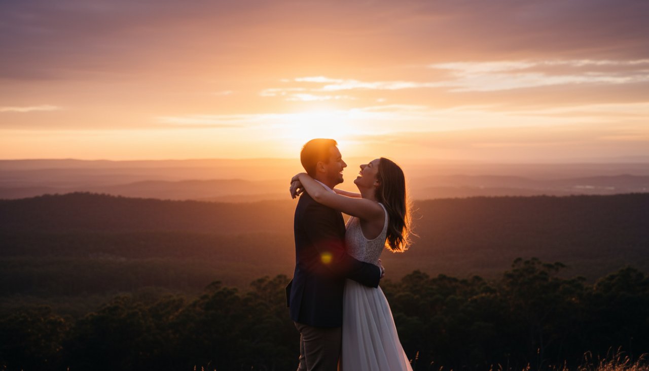 A couple embracing joyfully with a stunning Gembrook engagement photography amidst stunning Dandenong Ranges backdrop at sunset, capturing an epic, romantic moment.