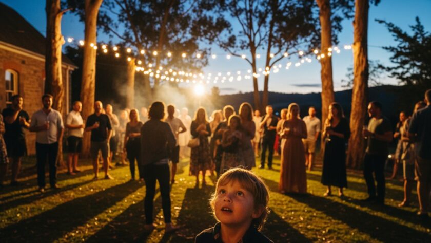An epic moment captured in Gembrook event photography capturing authentic moments, showing a joyous crowd celebrating under fairy lights at a rustic venue, with vibrant, warm lighting and genuine expressions.