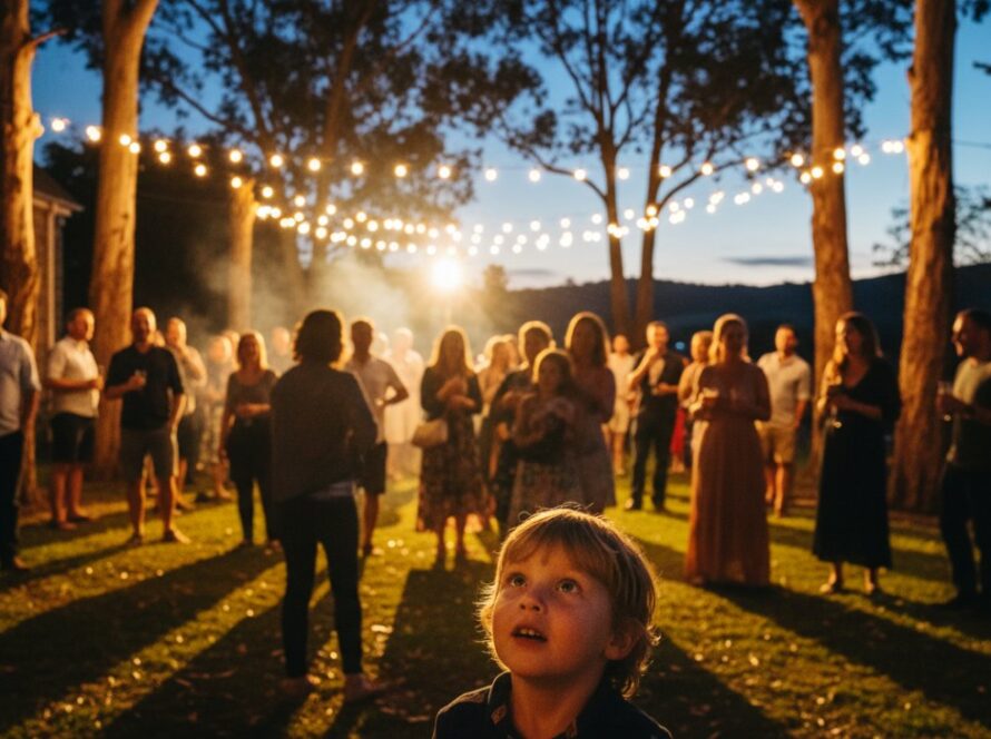 An epic moment captured in Gembrook event photography capturing authentic moments, showing a joyous crowd celebrating under fairy lights at a rustic venue, with vibrant, warm lighting and genuine expressions.