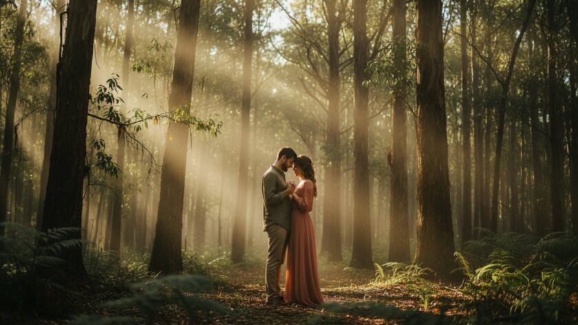 A breathtaking Gembrook fine art photography misty forest portraits image of a couple embraced, illuminated by ethereal light filtering through ancient trees, evoking a sense of timeless romance.