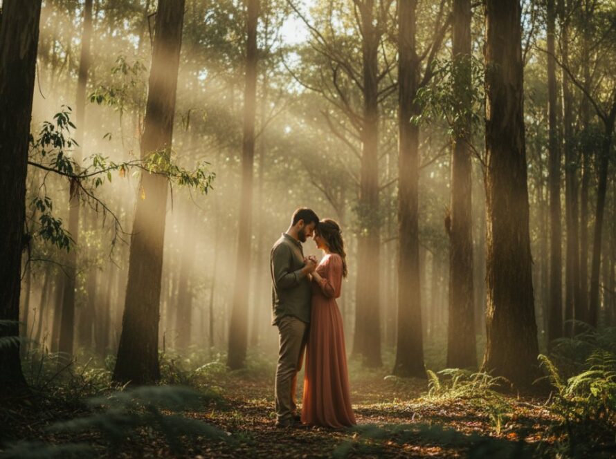 A breathtaking Gembrook fine art photography misty forest portraits image of a couple embraced, illuminated by ethereal light filtering through ancient trees, evoking a sense of timeless romance.