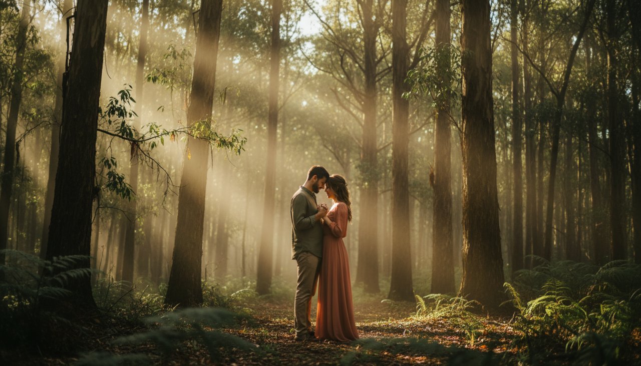 A breathtaking Gembrook fine art photography misty forest portraits image of a couple embraced, illuminated by ethereal light filtering through ancient trees, evoking a sense of timeless romance.